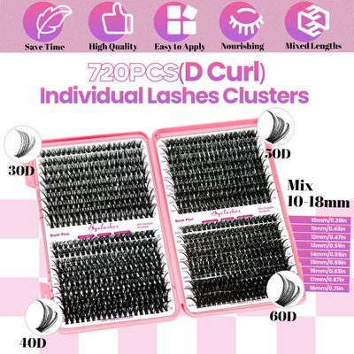 Qiveaory DIY Lash Extension Kit 720pcs Individual Lashes Clusters D Curl Eyelash Extension Kit with Lash Bond and Seal, Eyelash Remover Tweezers Brush(10-18mm,30D40D50D60D) Lash Books DIY at Home