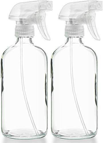 Sally&#39;s Organics Empty Clear Glass Spray Bottles - Refillable 16 oz Containers for Essential Oils, Cleaning Products, Aromatherapy, Misting Plants, or Cooking - Sprayer with Mist and Stream - 2 Pack