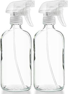 Sally&#39;s Organics Empty Clear Glass Spray Bottles - Refillable 16 oz Containers for Essential Oils, Cleaning Products, Aromatherapy, Misting Plants, or Cooking - Sprayer with Mist and Stream - 2 Pack