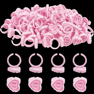 200 PCS Disposable Extension Glue Ring Lash Tattoo Nail Art Pigment Cup Heart Shape Plastic Glue Ring Holders Palette Container for Eyelash Extension Makeup Supplies