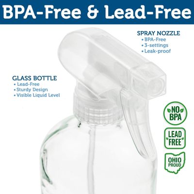 Sally's Organics Empty Clear Glass Spray Bottles - Refillable 16 oz Containers for Essential Oils, Cleaning Products, Aromatherapy, Misting Plants, or Cooking - Sprayer with Mist and Stream - 2 Pack