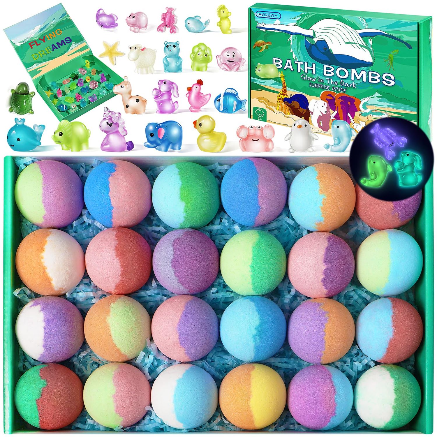 Bath Bombs for Kids with Toys Inside - 24 Pack Kids Bath Bombs with Glow in The Dark Bath Toys Inside, Natural Organic Bubble Bath Fizzy Bath Bombs for Girls Boys, Birthday Gifts for Kids
