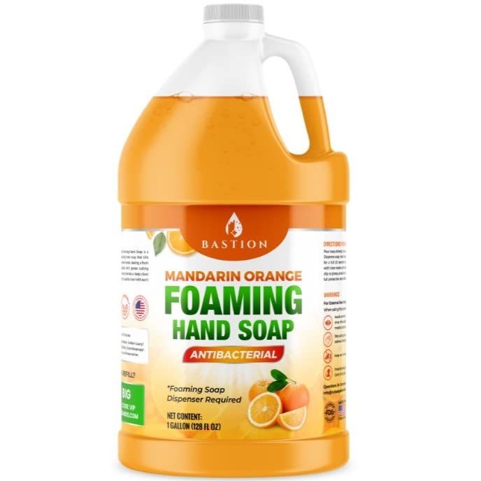 Bastion Foaming Antibacterial Hand Soap Mandarin Orange Scented Instant Foam Hand Wash Refill 1 Gallon (128 oz) Bulk Jug. Made In The USA
