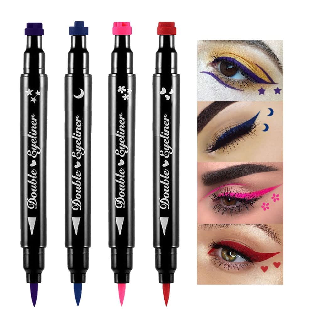 BINGBRUSH Double-sided Liquid Stamp Eyeliner Pen, Face Stamps Makeup Extremely Black Waterproof Slim Gel Felt Tip High Black Pigment Liquid Eyeliner &amp; Seal (Colorful)