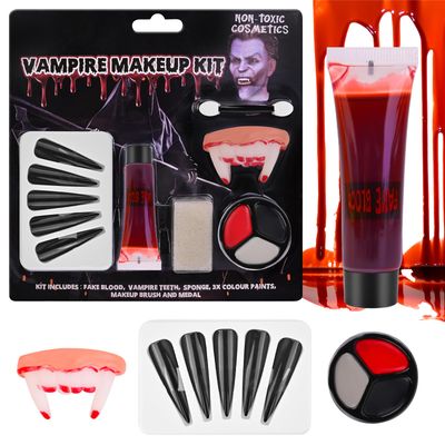 Halloween Face Painting Makeup Kit, Black Gray Red Face Paint  Vampire Fangs Teeth  Fake Blood Washable  Halloween Nails Black, SFX Face Body Paint for Zombie Cosplay, Injuries, Blood Effects