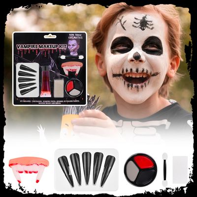 Halloween Face Painting Makeup Kit, Black Gray Red Face Paint  Vampire Fangs Teeth  Fake Blood Washable  Halloween Nails Black, SFX Face Body Paint for Zombie Cosplay, Injuries, Blood Effects