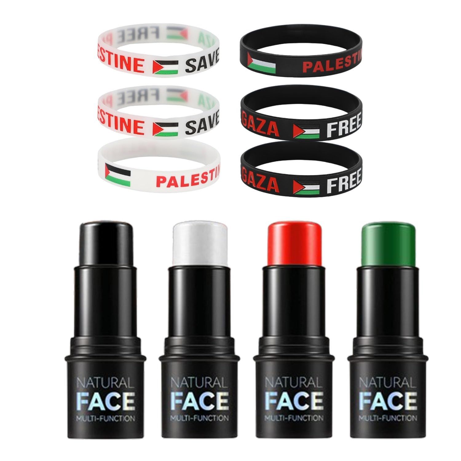 Narsen Face &amp; Body Paint Stick Set with 6 pcs Free Elastic Silicone Wristbands - Black, Red, White, Green 4pcs Body Crayons for Eye Black, Face Painting, Makeup, Cosplay - Support Palestine