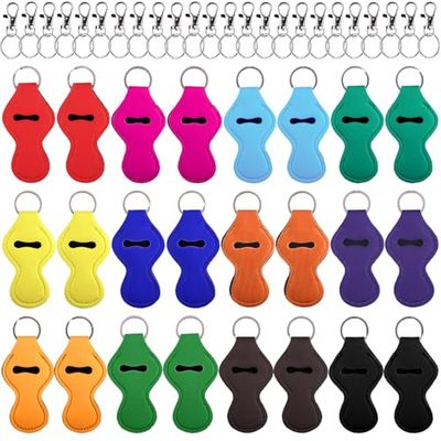 Duufin 24 Pcs Chapstick Holder Keychains Lipstick Holder Keychains with 24 Pcs Metal Clip Cords for Chapstick Tracker and Safeguard, 12 Vibrant Color