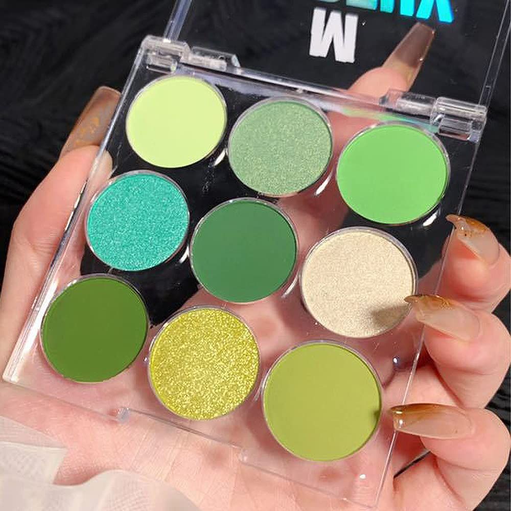 KARNAR Shimmer Matte Green Eyeshadow Palette, 9 Colors Light Dark Green Eye shadow Paleta, Glitter Eyeshadow Makeup Palet, Forest Grass Olive Tea Green Moss Green Powder H1