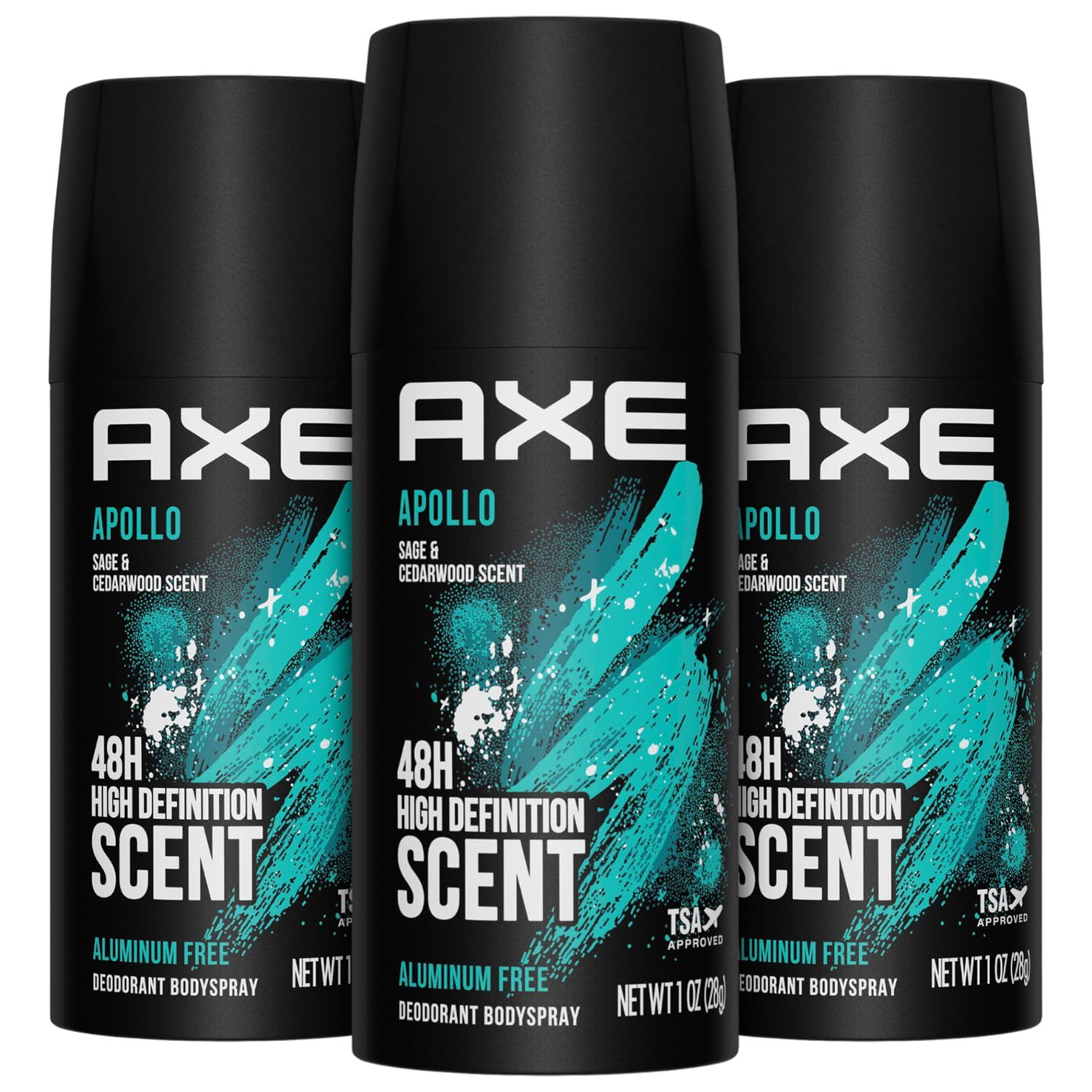 AXE Travel Deodorant, Body Spray, Apollo, 3-Pack - 48H High-Definition Scent &amp; Odor Protection, Sage &amp; Cedarwood, Aluminum-Free, 1 Oz Ea
