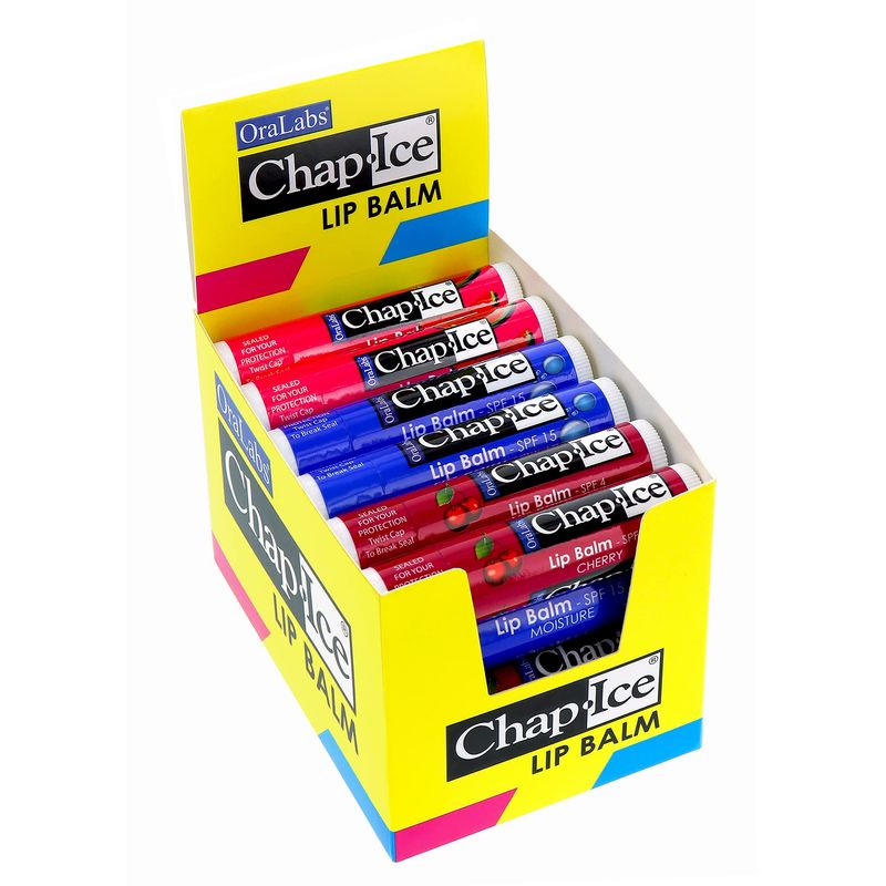 Chap-Ice | Premium and Traditional Lip Balm for Chapped, Dry, or Windburned Lips | 3 Flavor Assorted (SPF-15) - Cherry, Moisture &amp; Watermelon - 24 Sticks (0.15oz4.25g)
