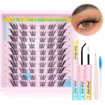 ALICE Natural Lash Clusters Kit Wispy Cat Eye Lash Extension Kit 3D C Curl Eyelash Clusters Kit Left &amp; Right DIY Eyelash Extension kit with Individual Lashes Bond and seal Lash Applicator