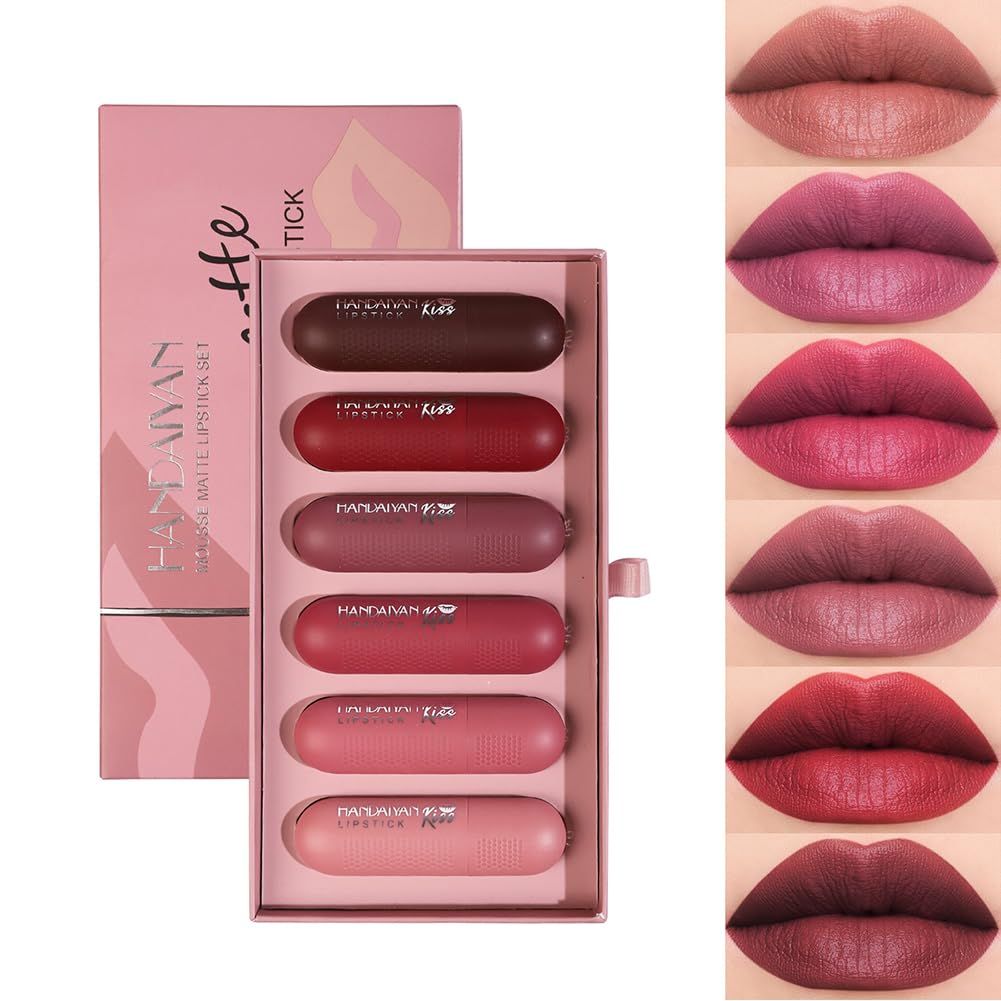 Adurello 6Pcs Mousse Matte Lipstick Set Long Lasting Moisturizing Lipgloss Lipsticks with Creamy Texture