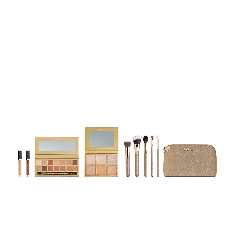 Sigma Beauty Ambiance Complete Collection - 14 Buttery Eyeshadow Powders, Highlighter Palette with 6 Metallic Highlighters, 2 Hydrating Lip Gloss, &amp; 5 Makeup Brushes - Full Makeup Set
