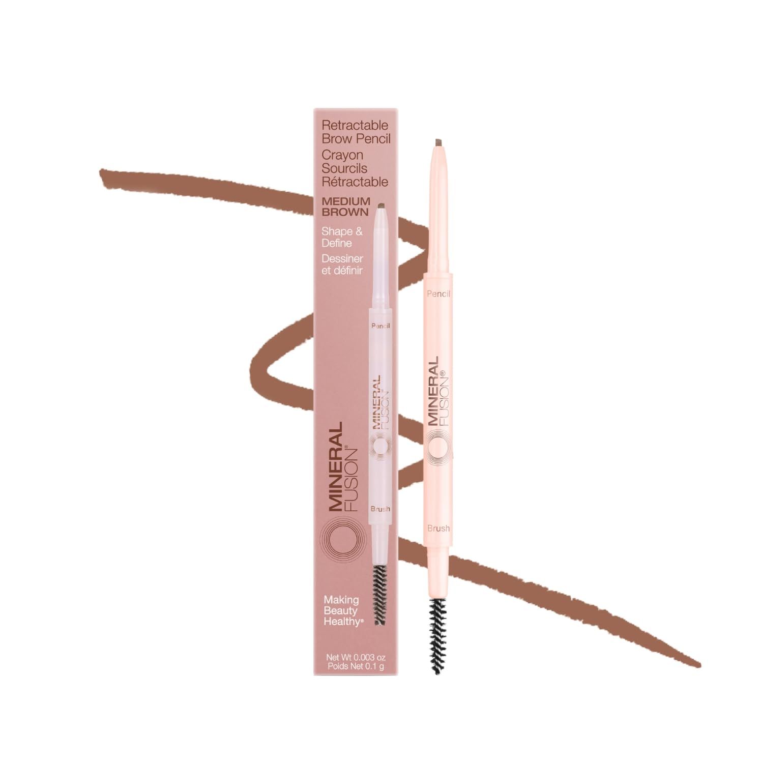 Mineral Fusion Retractable Brow Pencil, Shape &amp; Define Eyebrow Pencil with Blending Spoolie Brush, Velvety Smooth &amp; Natural Eye Makeup, Medium Brown, 0.003 oz
