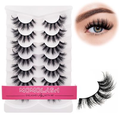 MOMOLASH Eyelashes Faux Mink Lashes Fluffy Cat Eye Lashes Wispy 8D Volume False Eyelashes Comfortable Hand Made Soft Curly Fake Lashes 7 Pairs Pack