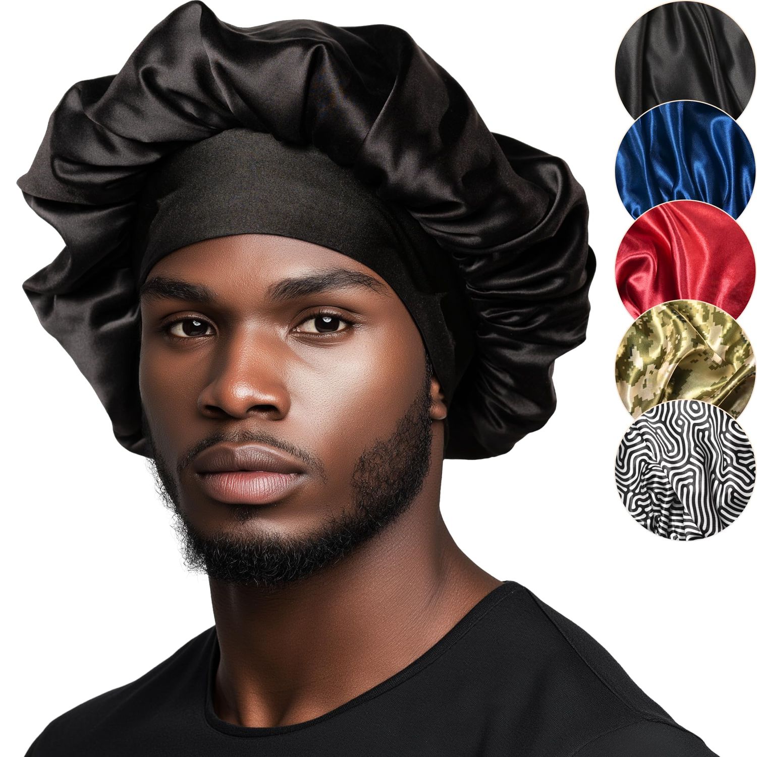 Niagara Satin Bonnet for Men - Reversible Night Cap - Bonnet for Sleeping Men - Mens Bonnet for Curly Hair - Large Bonnet with Double Layer (Black)