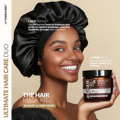 Hair Mask Silk Bonnet for Sleeping Women Set - Deep Conditioner & Leave-In Conditioner for Dry, Damaged Hair - Argan Oil, Jojoba, Aloe & Keratin - Satin Bonnet for Sleeping, Repair & Hydrate (8 oz)