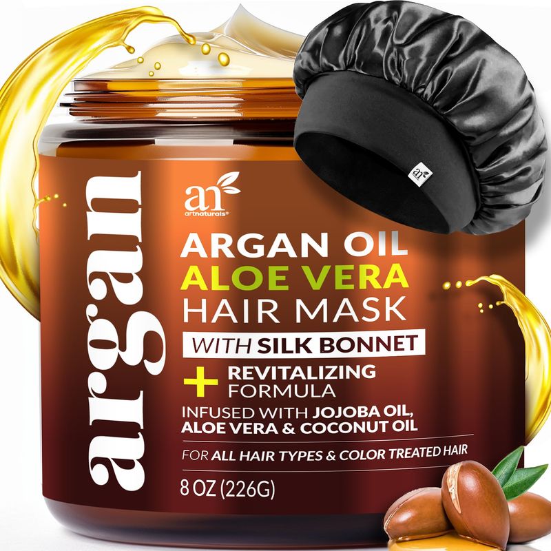 Hair Mask  Silk Bonnet for Sleeping Women Set - Deep Conditioner &amp; Leave-In Conditioner for Dry, Damaged Hair - Argan Oil, Jojoba, Aloe &amp; Keratin - Satin Bonnet for Sleeping, Repair &amp; Hydrate (8 oz)