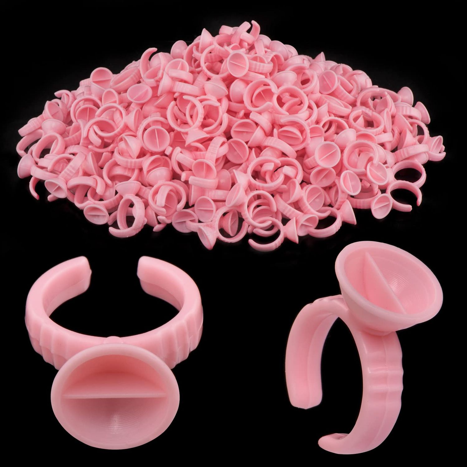 Eyelash Glue Rings, 300PCS Lash Glue Holder Pallet for Lash Extension, 2 Slot Pink Glue Cup, Lash Rings, Plastic Makeup Rings for Nail Art, Lash Tech Tools, Lash Extension Supplies