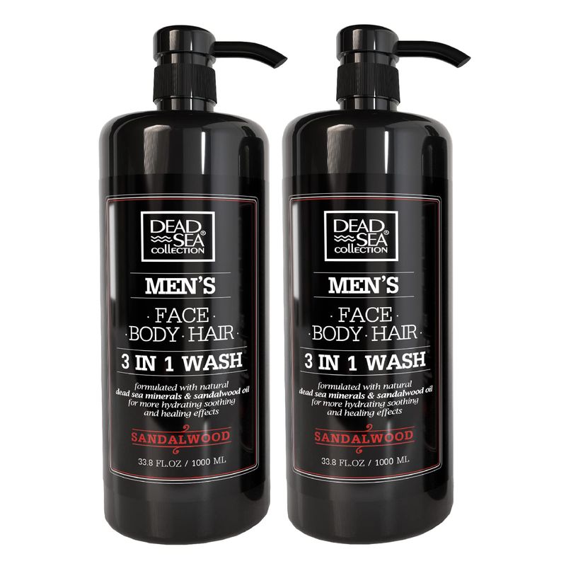 Dead Sea Collection 3 in 1 Body Wash for Men - Sandalwood Cleanser for Body, Hair and Face - Pack of 2 Bottles (33,8 Fl. Oz. Each)