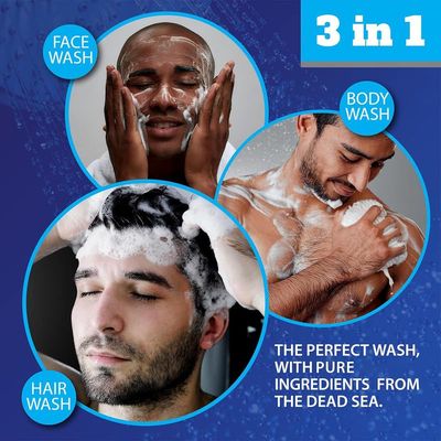 Dead Sea Collection 3 in 1 Body Wash for Men - Sandalwood Cleanser for Body, Hair and Face - Pack of 2 Bottles (33,8 Fl. Oz. Each)