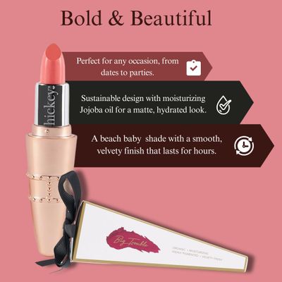 Hickey Lipstick for Women BEACH BABE Coral Lipstick Matte & Refillable Organic Lipstick Long Lasting with High Pigmented Color for Bold Looks Perfect for Eco-Conscious Beauty Lovers