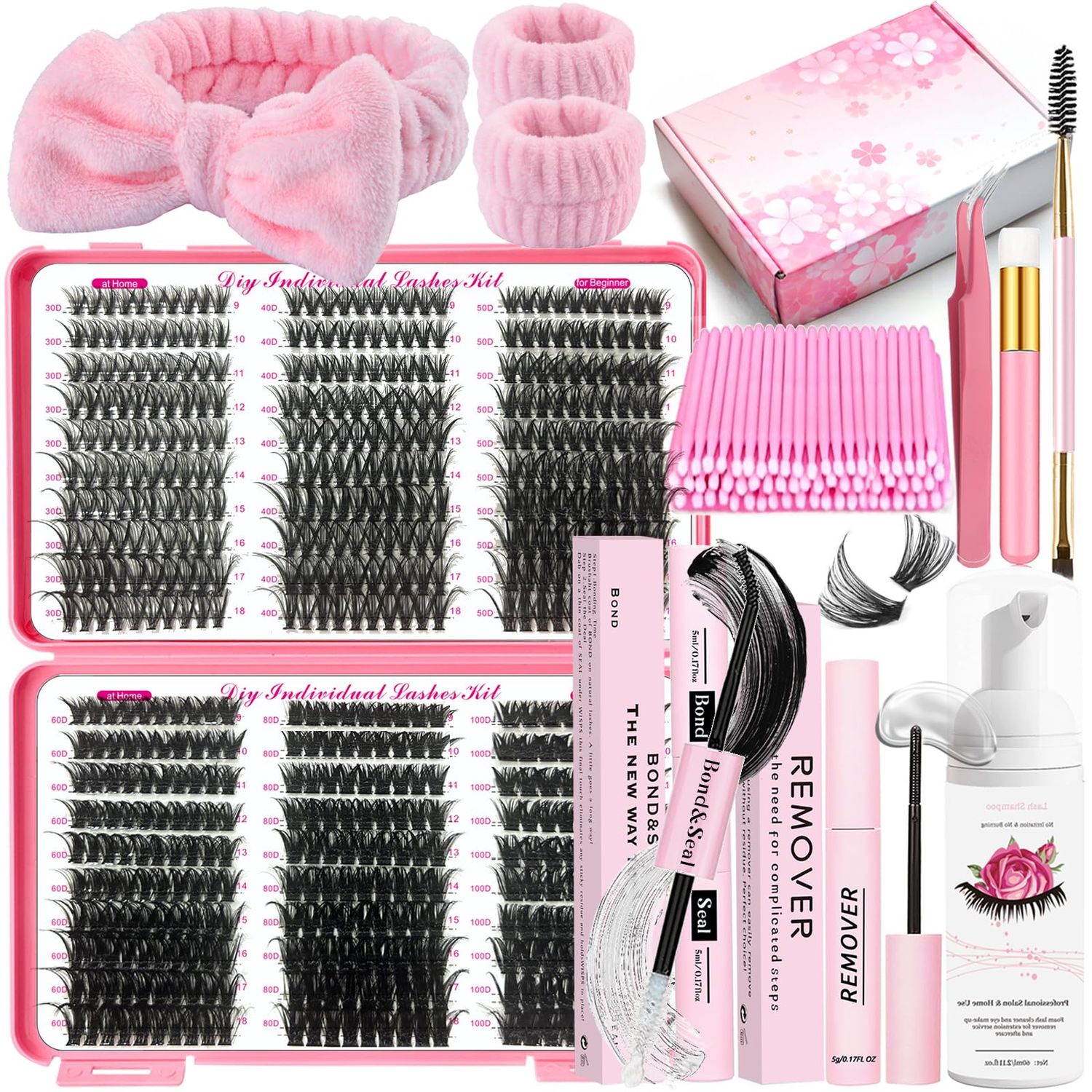 DNSGOOR DIY Lash Extension Kit 590Pcs 9-18mm D Curl Lashes Clusters with Lash Bond and Seal Glue Remover Lash Shampoo Cleansing Brush Headband Wristband Tweezers Eyelash Brush Applicator