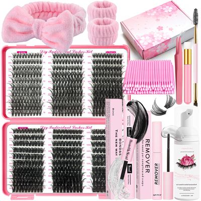 DNSGOOR DIY Lash Extension Kit 590Pcs 9-18mm D Curl Lashes Clusters with Lash Bond and Seal Glue Remover Lash Shampoo Cleansing Brush Headband Wristband Tweezers Eyelash Brush Applicator