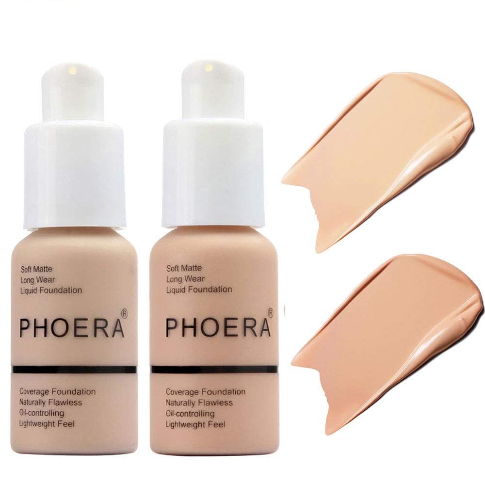 BestLand 2Pack PHOERA Foundation Full Coverage Liquid Foundation Cream - Long-lasting Lightweight Concealer - Oil-Free Formula - Natural Shade - Suitable for All Skin Types (102 Nude &amp; 103 Warm Peach)