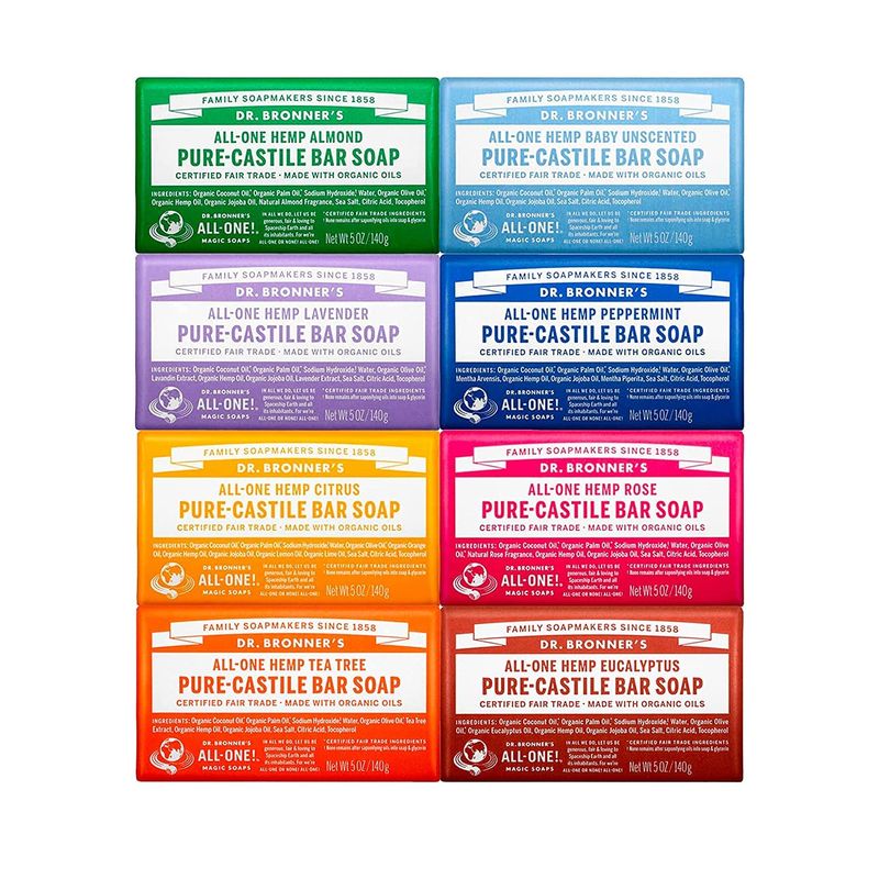 Dr. Bronner&#39;s - Pure-Castile Bar Soap (5 oz Variety Pack) Almond, Unscented, Lavender, Peppermint, Citrus, Rose, Tea Tree, &amp; Eucalyptus - Made with Organic Oils, (8 Count)