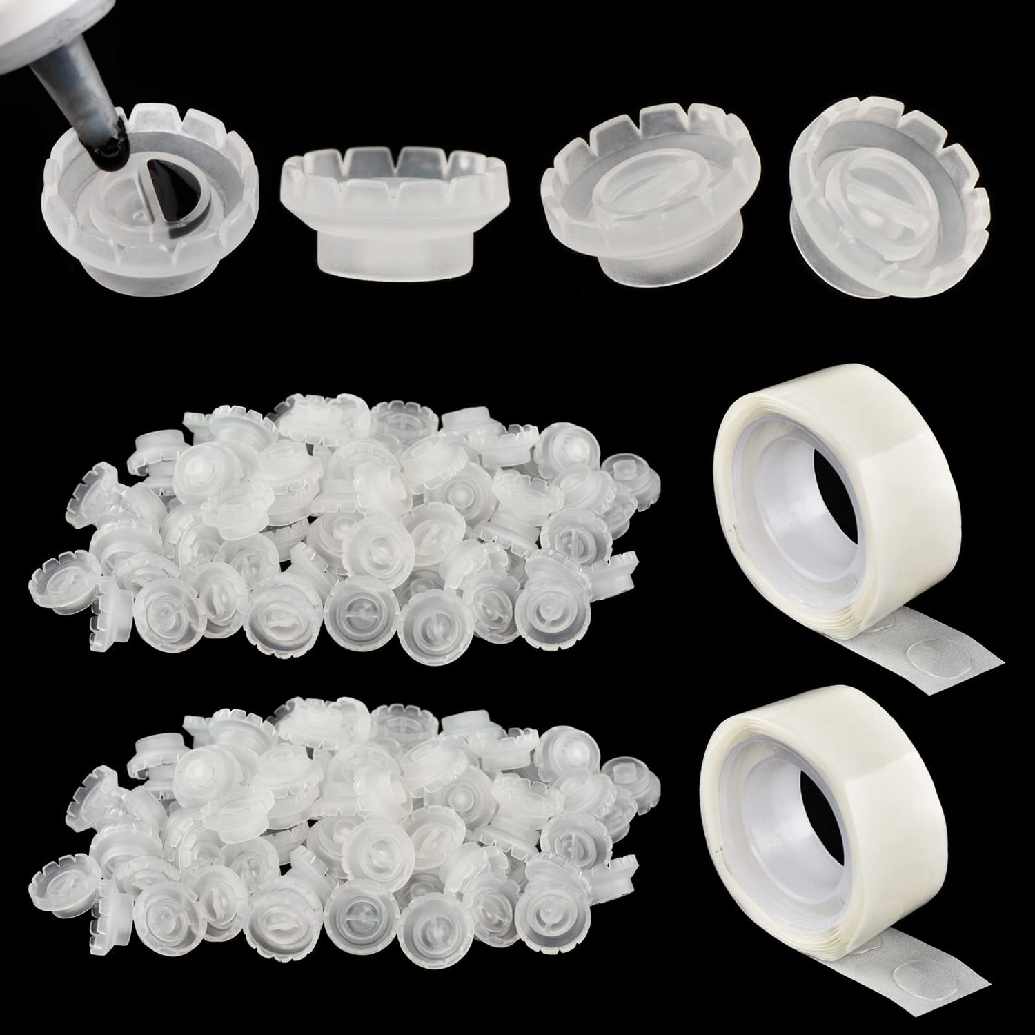 Lash Glue Ring Glue Cup 200PCS with 2 Slots for Lash Extension Supplies, Lash Glue Holder, Blossom Ring Cup with 2 Rolls Glue Point, Volume Fan Eyelash Extensions Supplies, Lashing Supplies Kit