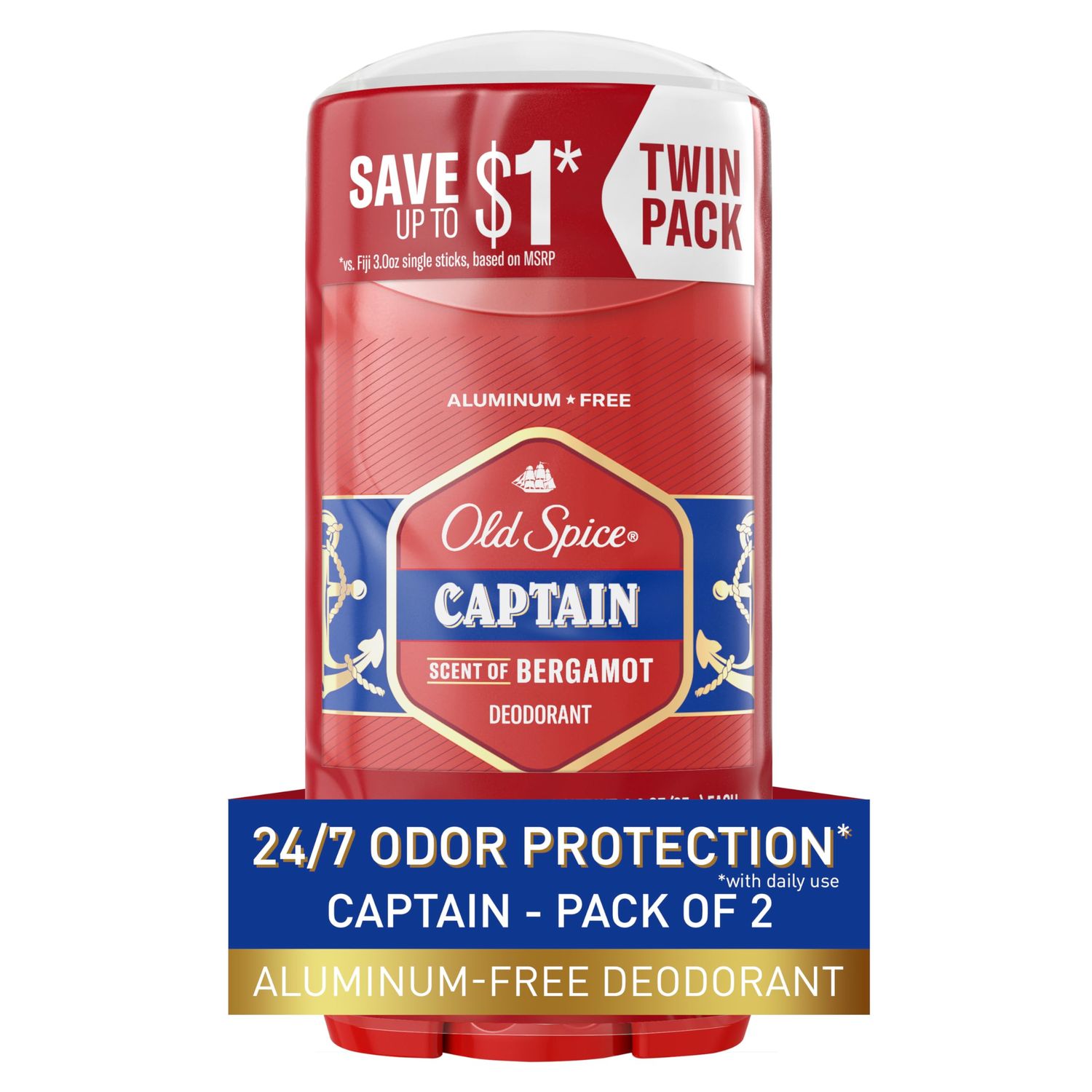 Old Spice Deodorant for Men, Aluminum Free, 247 Odor Protection, Captain with Bergamot Scent, 3 oz (Pack of 2)