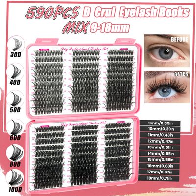 DNSGOOR DIY Lash Extension Kit 590Pcs 9-18mm D Curl Lashes Clusters with Lash Bond and Seal Glue Remover Lash Shampoo Cleansing Brush Headband Wristband Tweezers Eyelash Brush Applicator