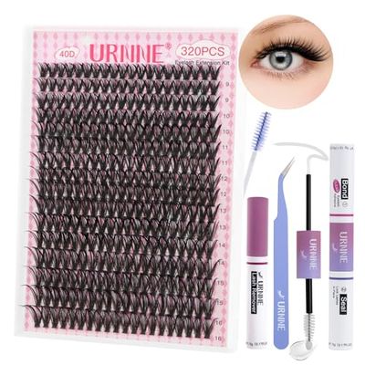 URNNE Lash Extension Kit, 320Pcs Lash Clusters, 40D Lash Clusters Kit, 9-16 mm Individual Cluster Eyelash Extensions with Lash Bond and Seal, Remover, Lash Tweezer DIY Lash Extensions at Home