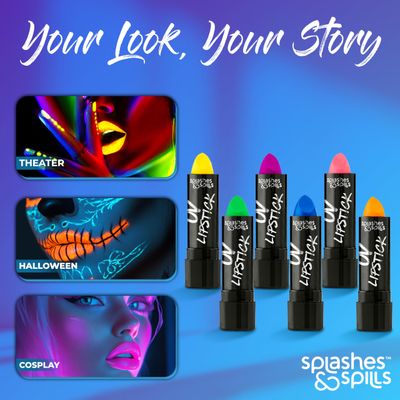 splashes &amp; spills UV Blacklight Lipstick - 6 Color Variety Pack, 3.7g - Day or Night Stage, Clubbing or Costume Makeup