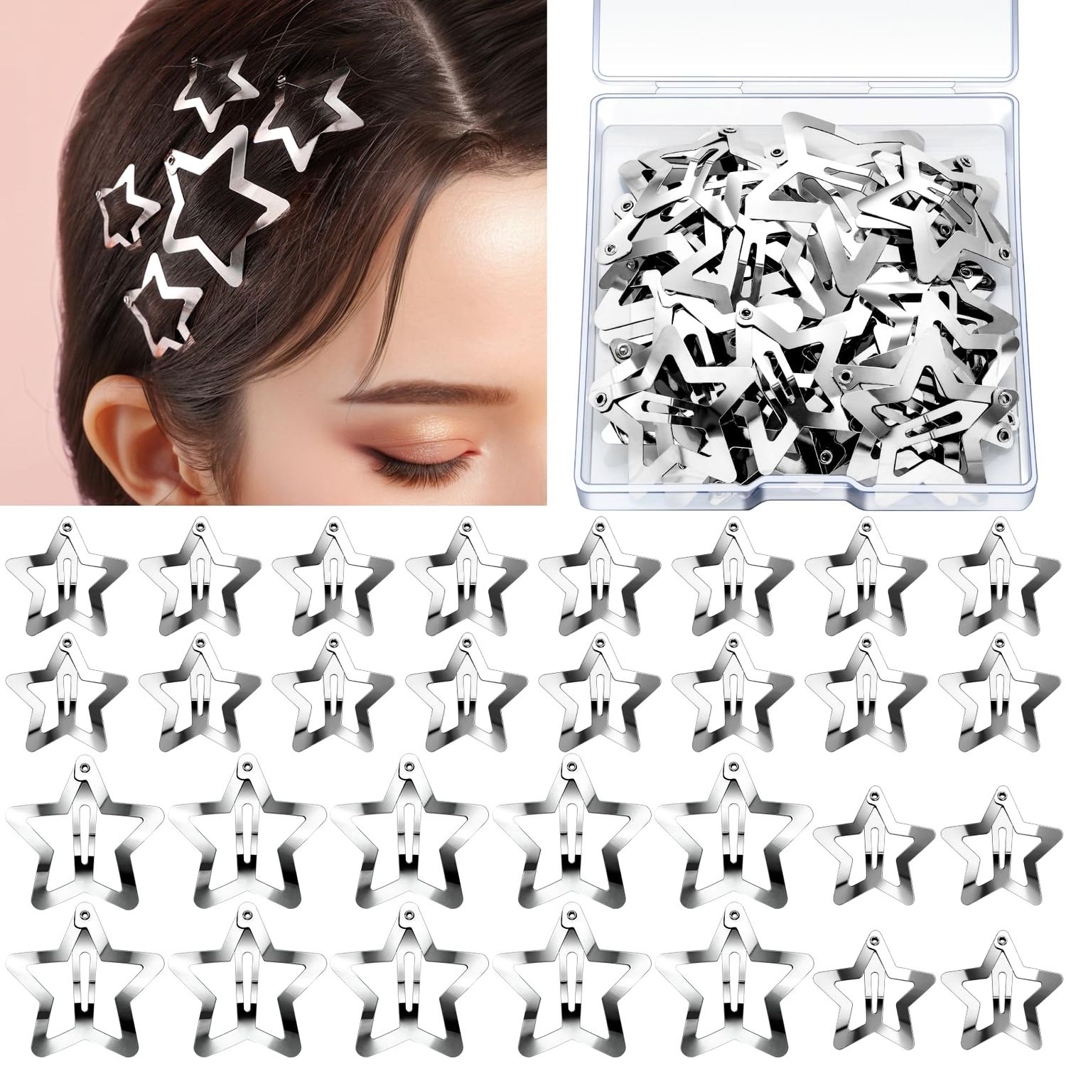 YGDZ Star Hair Clips and Barrettes Set - 20 pcs 1.22&quot; Y2K Hair Accessories, 10 pcs 1.61&quot; Silver Clips for Girls Women, Rave Accessories, Non-Slip Metal Snap Hair Clips