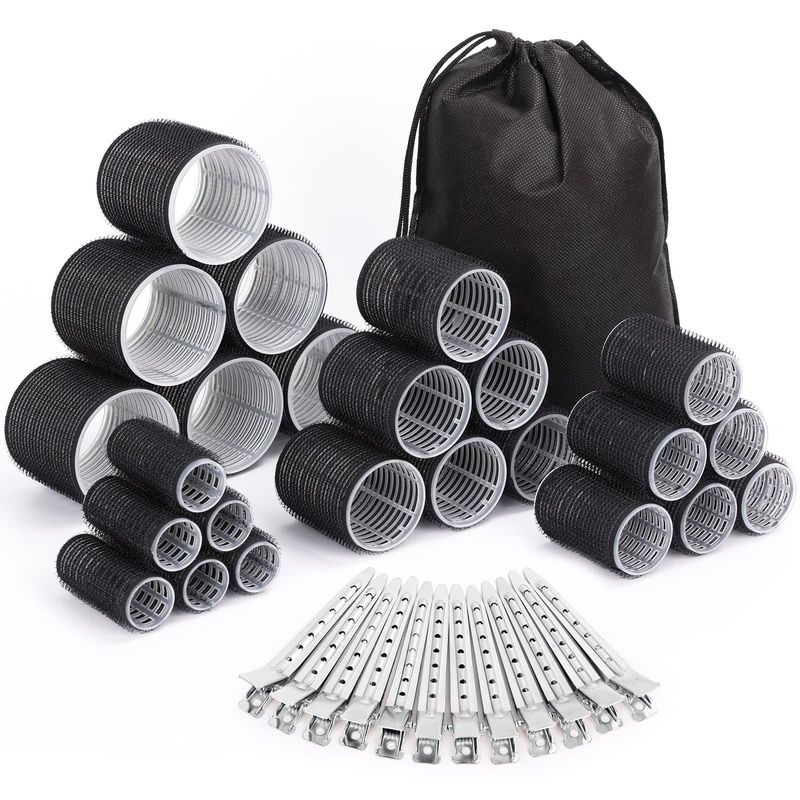 Selizo Hair Curlers 36 Pcs Set with 24Pcs Hair Curlers 4 Sizes and 12 Pcs Hair Clips for Long Medium Short Thick Hair, Black