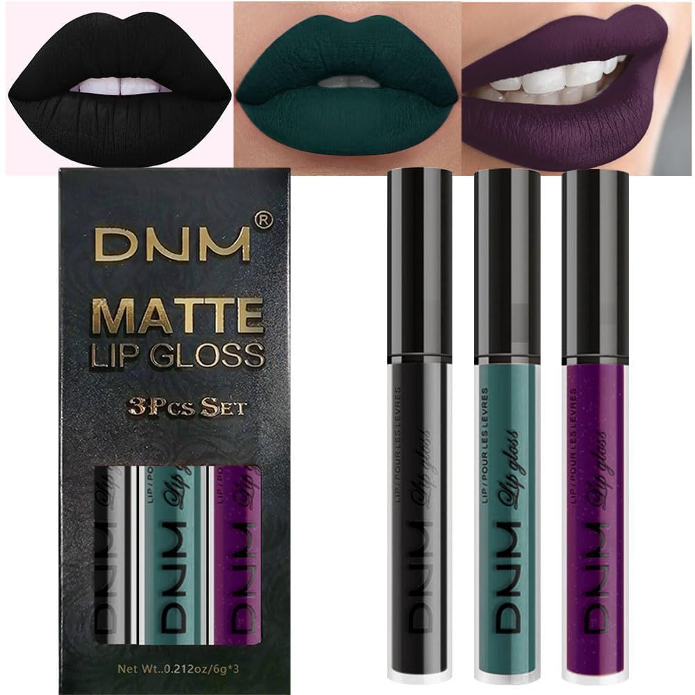 evpct DNM 3Pcs Dark Black Purple Green Matte Liquid Lipstick Lip Stain Sets for Women MatteLipstick Long Lasting 24 hr Hours Magic Lipstick 24 Hours original Waterproof 19#