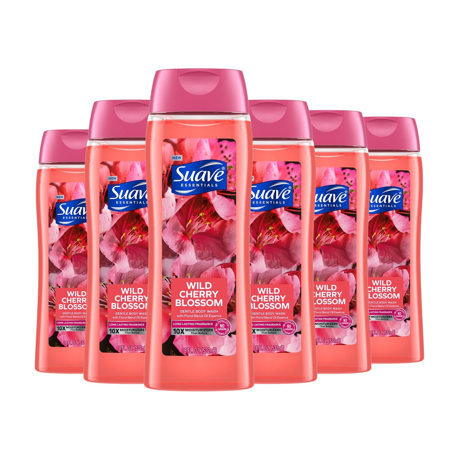 Suave Moisturizing Body Wash, with Wild Cherry Blossom and Vitamin E Extract, No Parabens, No Phtahaltes, 18 Oz Pack of 6