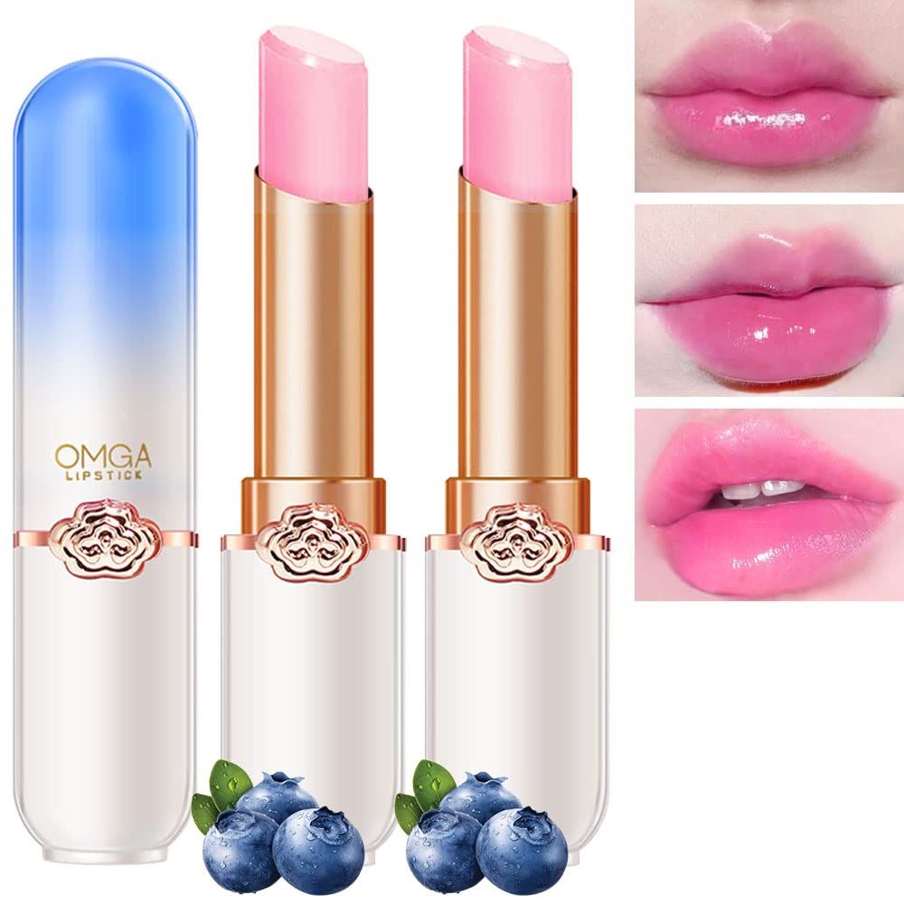 BINGBRUSH 2 Pcs Blueberry Color Changing Lipstick Queen,PH Mood Long Lasting Labiales Lip Gloss Lip Balm Tinted Magic Lip Stain Makeup Moisturize Lipstick Set for Women