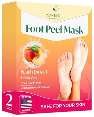 PLANTIFIQUE Foot Peeling Mask (2 Pairs) - Peeling Foot Mask Dermatologically Tested Repairs Heels &amp; Removes Dry Dead Skin for Baby Soft Feet - Exfoliating Foot Peel Mask for Dry Cracked Feet (Peach)
