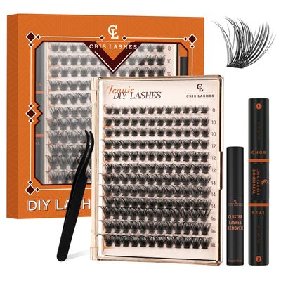 Crislashes Eyelash Extension Kit, DIY Lash Extension Kit, 144Pcs Cluster Lashes D Curl with Lash Bond and Seal, Cluster Lash Glue Remover and Lash Applicator(Mix8-18mm, Iconic Lash Kit)