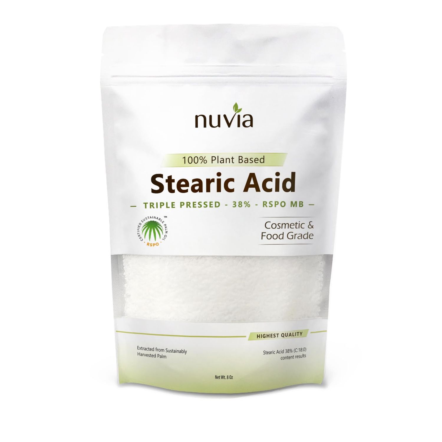 Stearic Acid - 100% Plant Based, Food Grade, Triple Pressed, Certified Sustainable, by Nuvia Organics 8oz