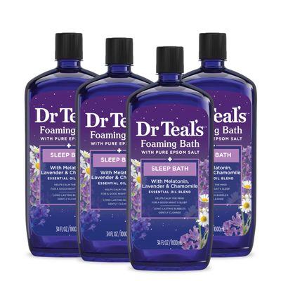Dr Teal&#39;s Foaming Bath with Pure Epsom Salt, Sleep Blend with Melatonin, Lavender &amp; Chamomile Essential Oils, 34 Fl Oz (Pack of 4) (Packaging May Vary)