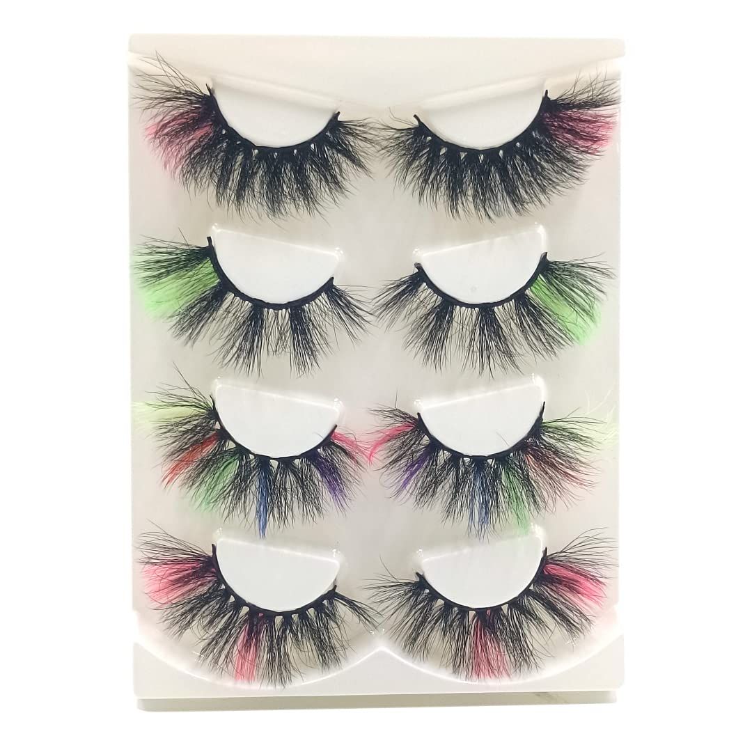 FQNing Colorful Lashes Fluffy Mink False Lashes with Color on End Color Lashes Mixed Tray 4 Pairs (Four Colours C)