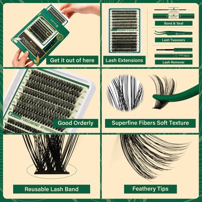 KEYYOU DIY Lash Extension Kit 280pcs Soft Lash Clusters 60D80D D Curl Easy to Apply with Lash Bond and Seal Lash Applicator Lash Remover Eyelash Extension Kit at Home(RMkit-60D80D-D-10-18mix)