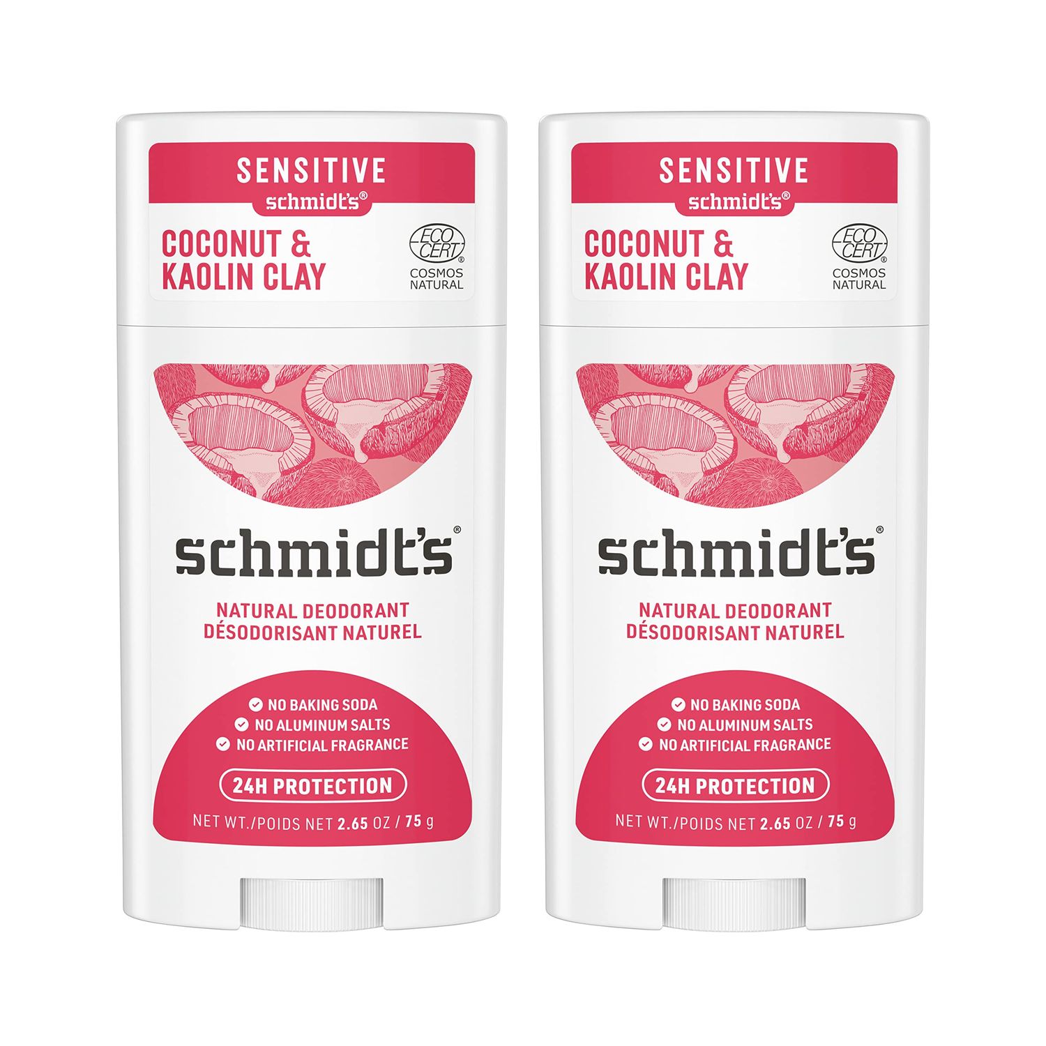 Schmidt&#39;s Aluminum Free Natural Deodorant Coconut &amp; Kaolin Clay 2-pk for Women and Men, with 24 Hour Odor Protection, Certified Natural, Cruelty Free, Vegan Deodorant 2.65oz