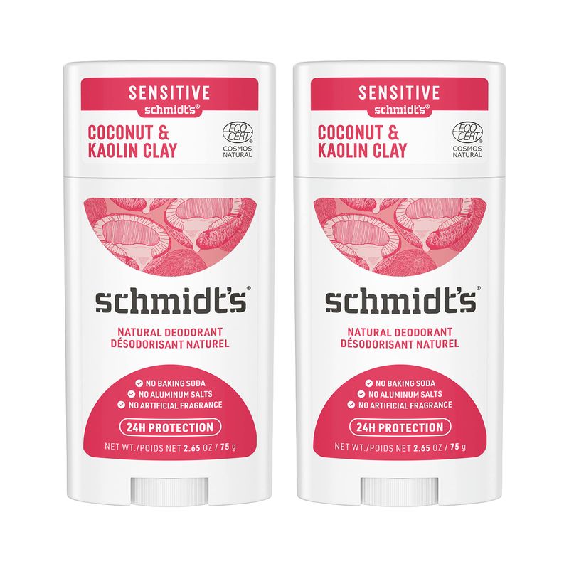 Schmidt's Aluminum Free Natural Deodorant Coconut &amp; Kaolin Clay 2-pk for Women and Men, with 24 Hour Odor Protection, Certified Natural, Cruelty Free, Vegan Deodorant 2.65oz