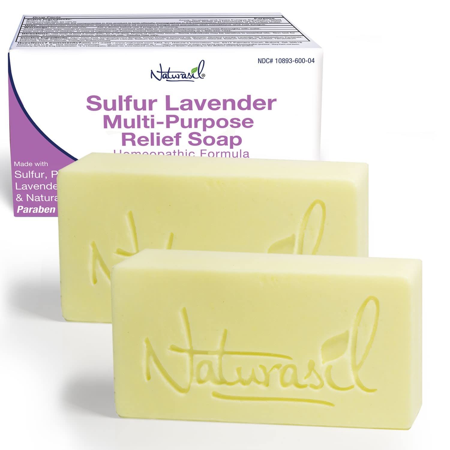 Naturasil 10% Sulfur Lavender Soap Treatment Natural Relief for Acne, Bug Bites, Warts, Mites, Eczema, Itching, Discomfort | for Kids &amp; Adults Face &amp; Body Soap | 4oz Bars (2)